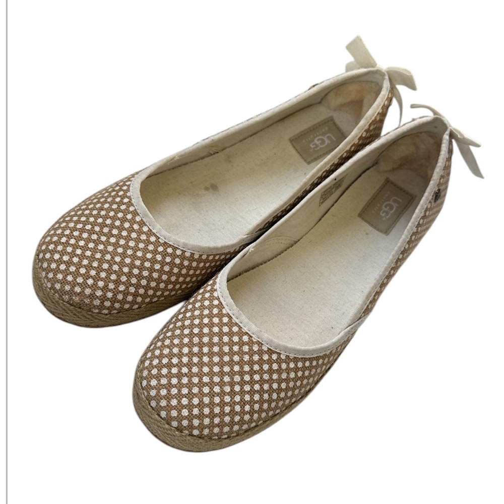 Ugg Indah Canvas Dot Burlap Espadrille Ballet Flat Tan White Slip On Shoes Sz 11